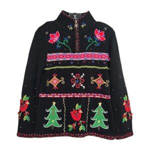VTG Kikit Pullover Christmas Sweater Women's S Black Embroidered Beads‎ Sequins